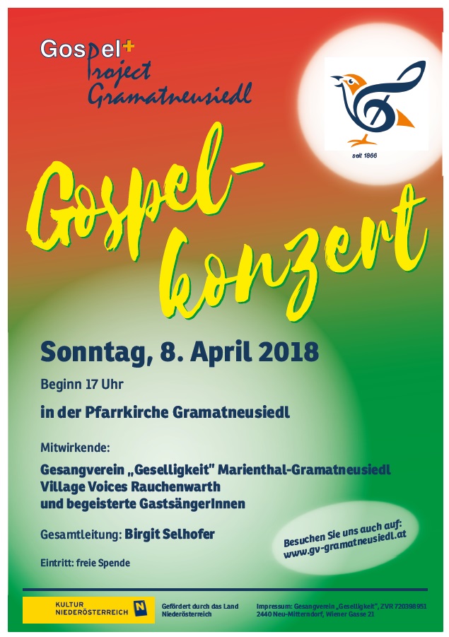 Einladung Gospelkonzert Gramatneusiedl; 8.4.2018